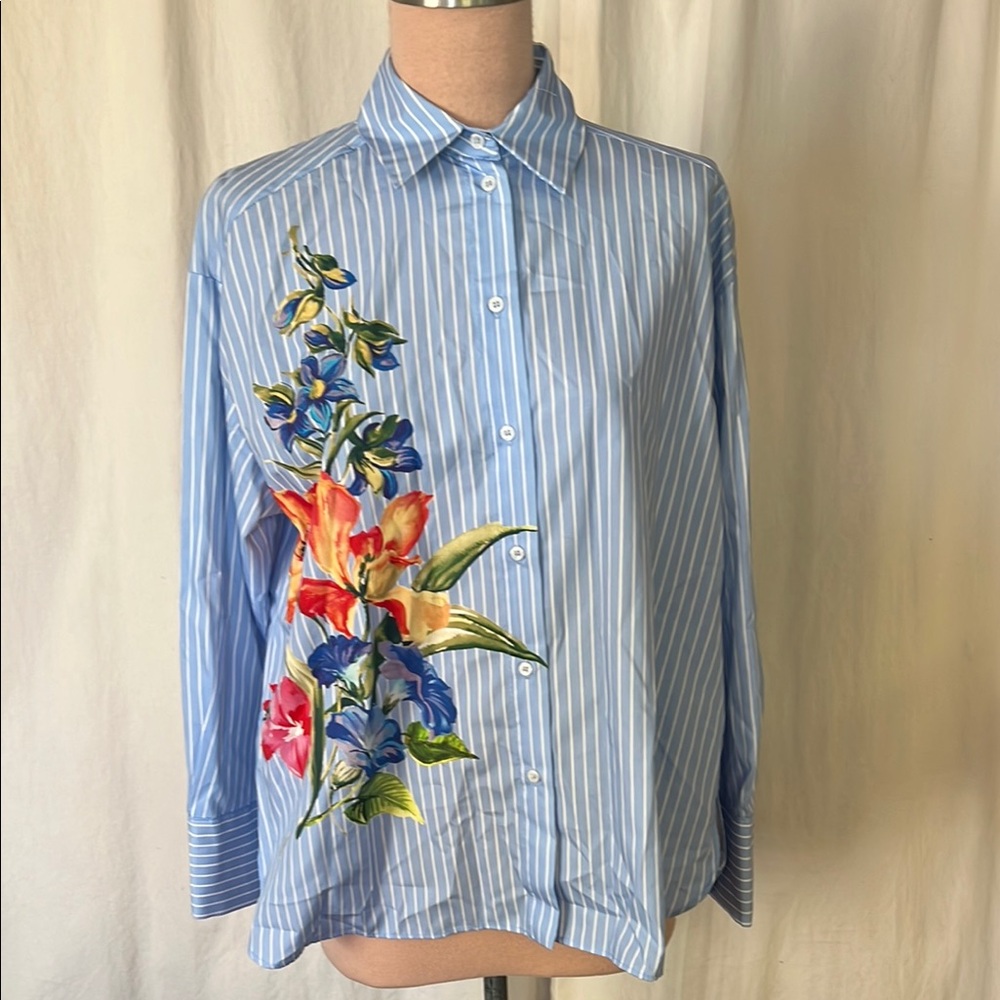 Zara Blue and White Button Down Shirt with Floral Design